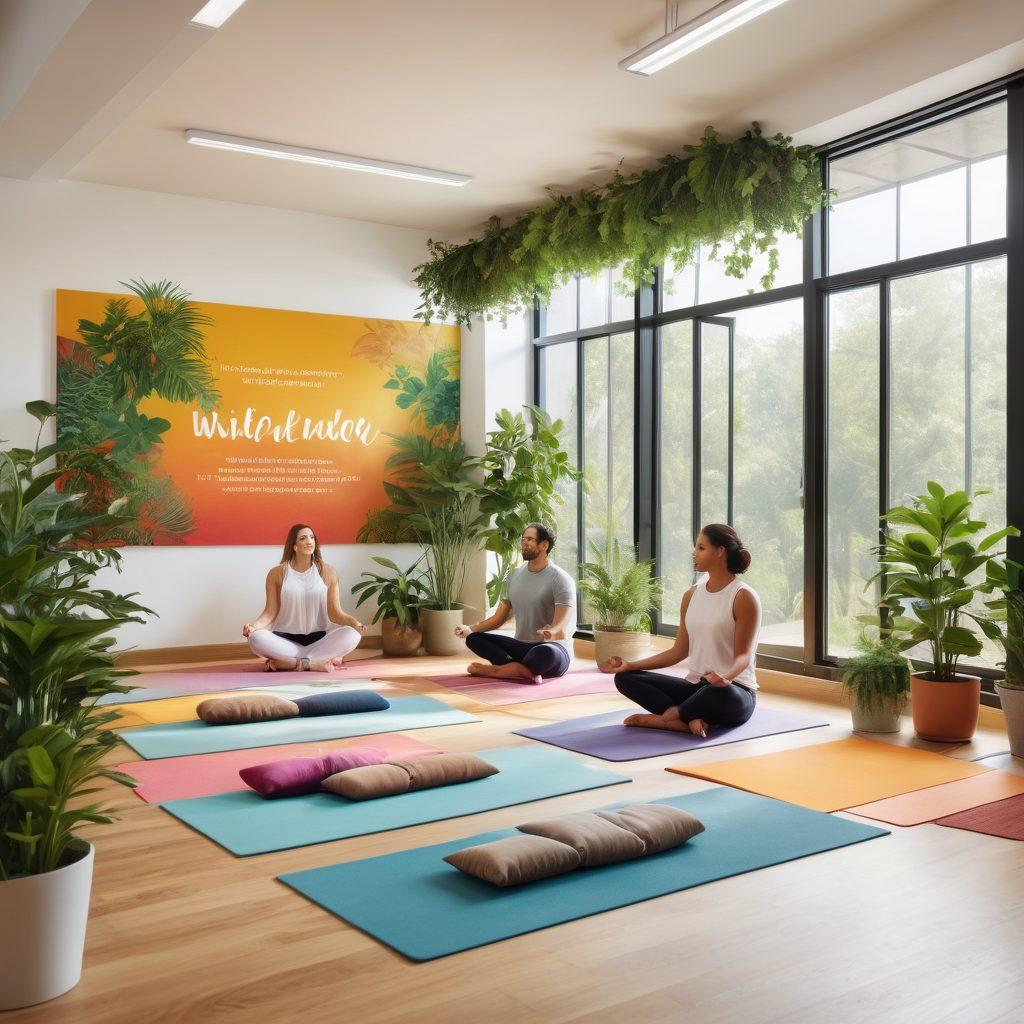 A vibrant office scene showcasing diverse employees collaborating in a modern workspace, surrounded by elements of nature such as plants and natural light. Highlight wellness activities like yoga and meditation, with visuals indicating emotional support, such as engaging conversations and teamwork. Add motivational quotes on colorful posters. super-realistic. vibrant colors. bright open space.