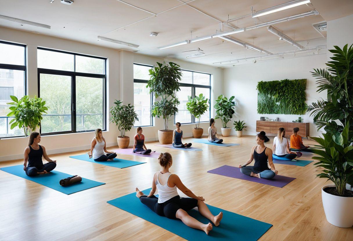 An inspirational office space filled with vibrant plants and calming natural light, featuring a diverse group of employees engaging in various wellness activities like meditation, yoga, and group discussions. A large digital screen displays innovative wellness programs. The atmosphere is uplifting and collaborative, emphasizing healing and community support. super-realistic. vibrant colors. soft focus.