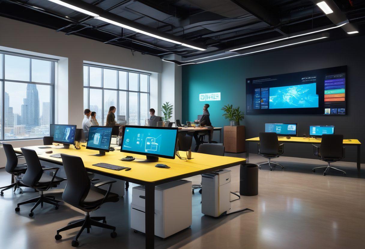 A futuristic office environment showcasing employees engaged with advanced technology like VR headsets and interactive screens. Vibrant colors highlight cheerful expressions and collaboration, with digital dashboards displaying positive metrics of corporate happiness. Integrate elements symbolizing innovation, such as robots assisting employees and brainstorming sessions at high-tech tables. super-realistic. vibrant colors. modern design.